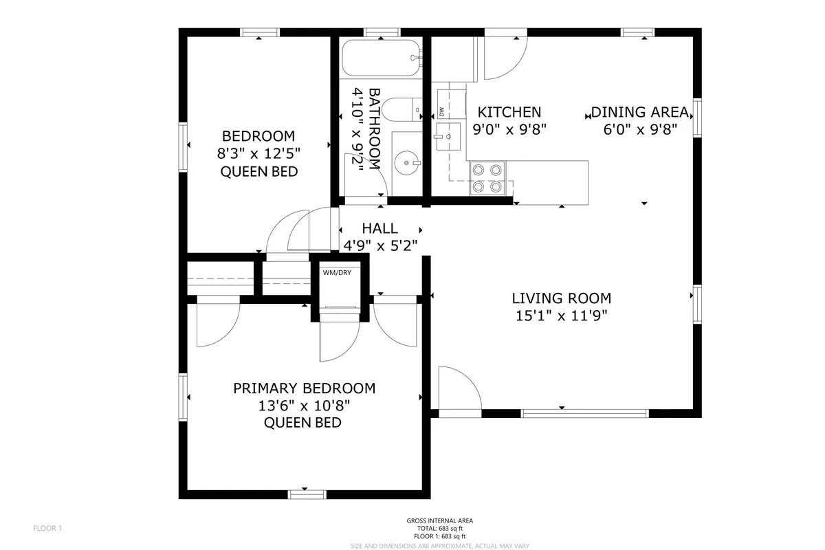 A wide-angle view featuring an interconnected layout of the kitchen, living room, primary bedroom, and dining area. The kitchen is modern with stainless steel appliances and dark cabinetry, while the dining area is inviting with a contemporary table. The living area includes plush seating and tasteful décor, all illuminated by ample natural light from large windows.